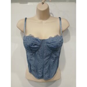 Dusty Blue Lace Corset Bustier Top Underwire Mesh Hook Eye Back Cropped S/M